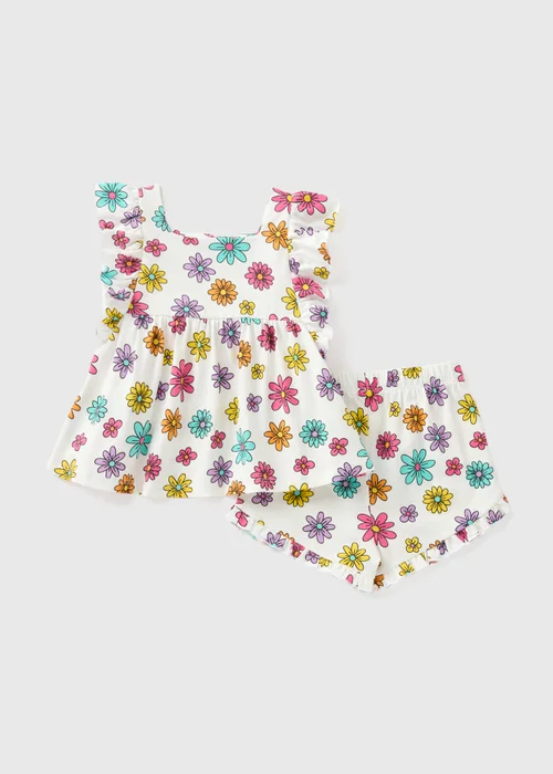 Girls White Floral Print Top & Shorts Set (1-7yrs) - 1-1.5 Yrs Image 1