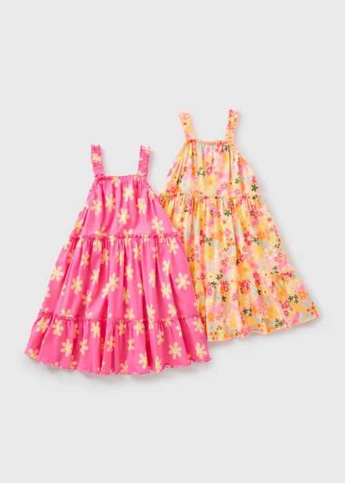 Girls 2 Pack Pink & Orange Floral Jersey Dress (1-7yrs) - 1-1.5 Yrs Image 1