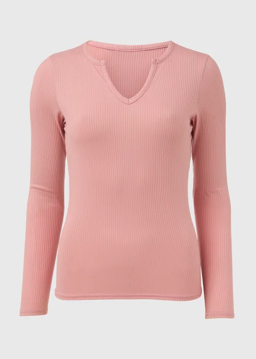 Pink Rib Notch Neck Long Sleeve Top - Size 8 Image 5