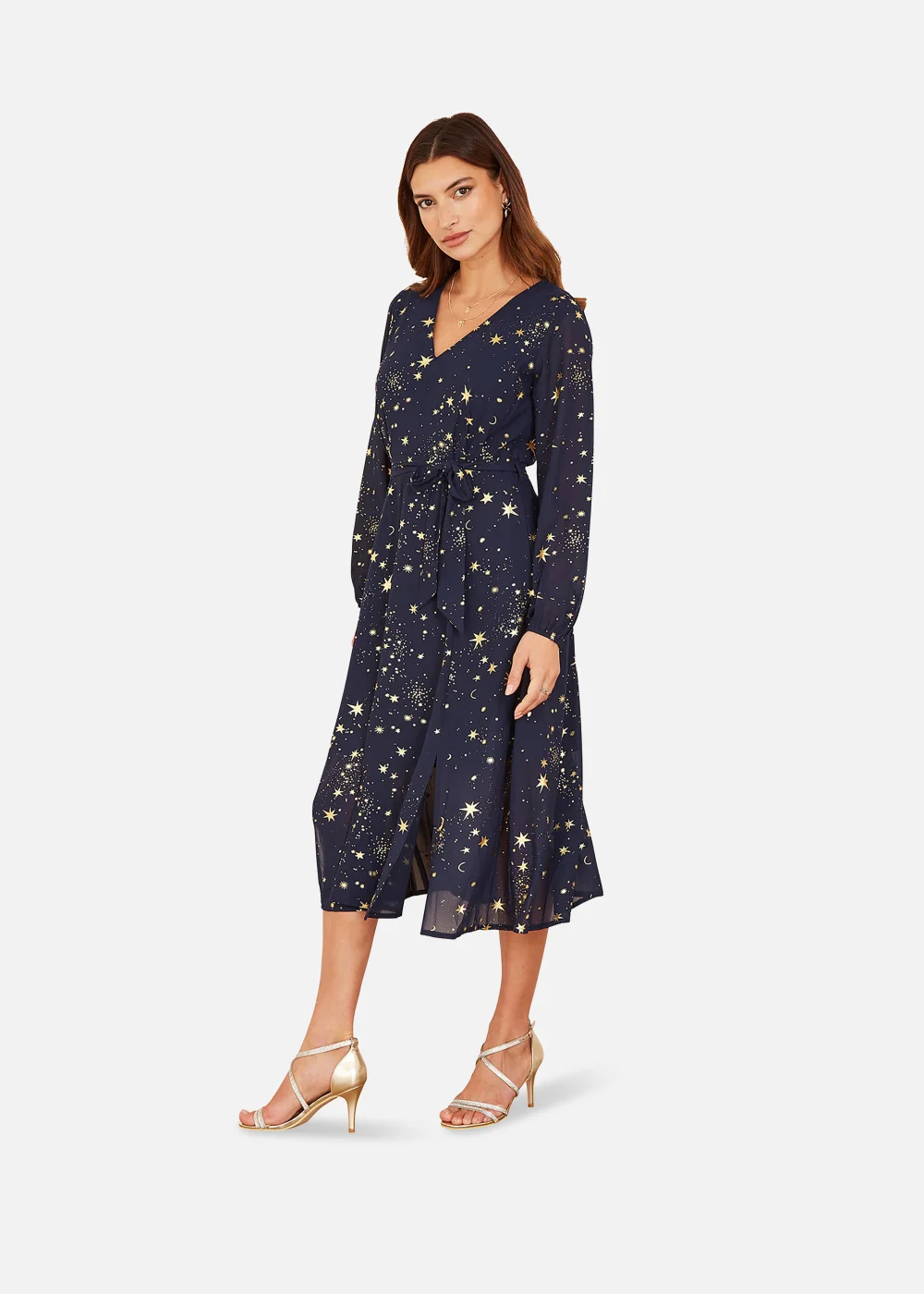 Mela Foil Star Print Long Sleeve Midi Dress In Navy - 8 Image 1
