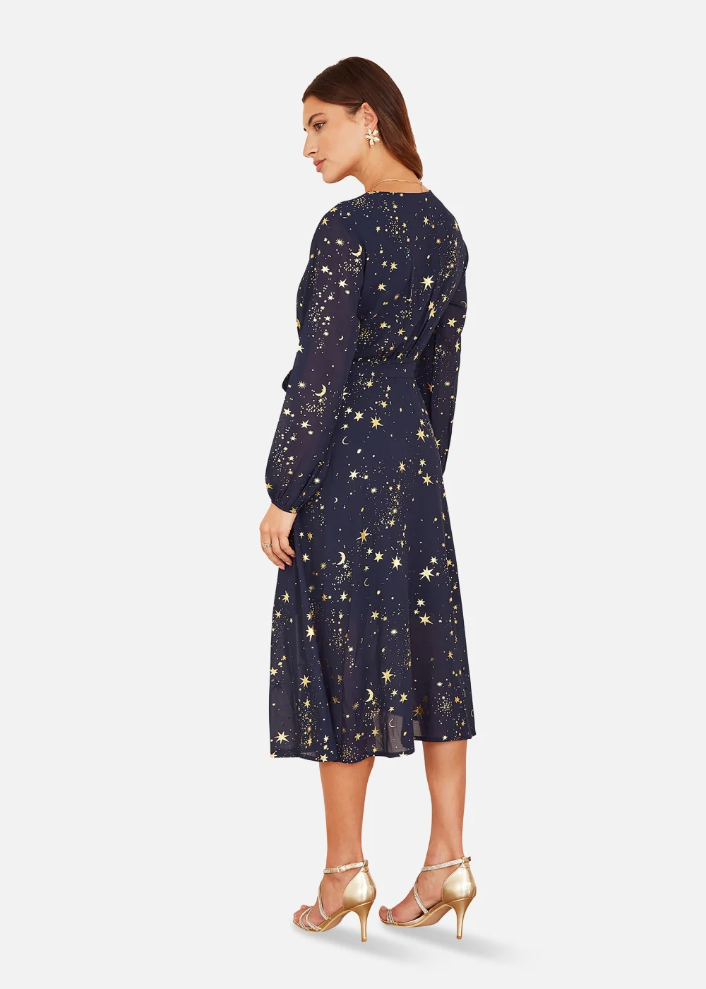 Mela Foil Star Print Long Sleeve Midi Dress In Navy - 8 Image 3