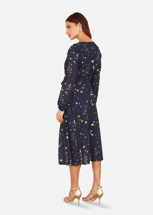Mela Foil Star Print Long Sleeve Midi Dress In Navy - 8 Image 3
