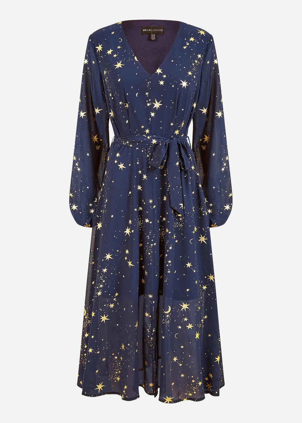 Mela Foil Star Print Long Sleeve Midi Dress In Navy - 8 Image 4