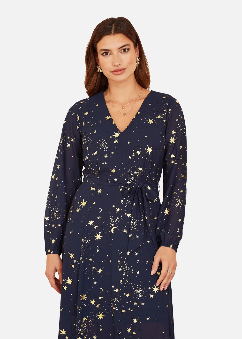 Mela Foil Star Print Long Sleeve Midi Dress In Navy - 8 Image 2