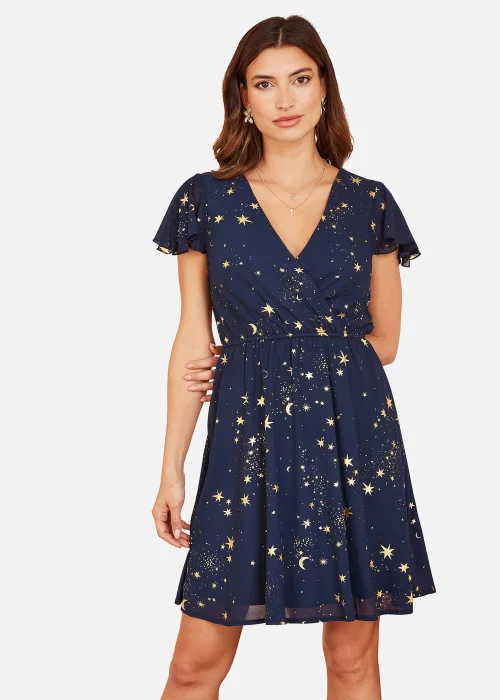 Mela Foil Star Print Wrap Skater Dress In Navy - 8 Image 1