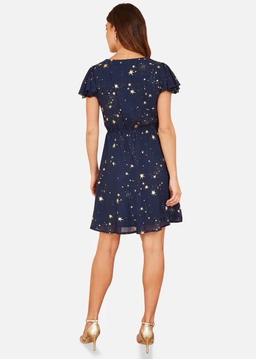 Mela Foil Star Print Wrap Skater Dress In Navy - 8 Image 3