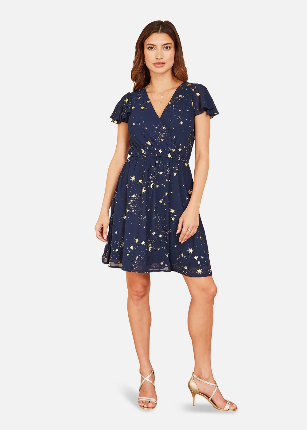 Mela Foil Star Print Wrap Skater Dress In Navy - 8 Image 2
