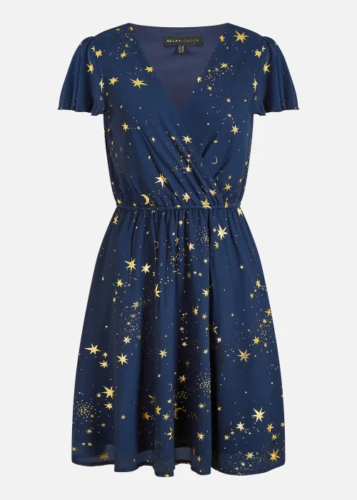 Mela Foil Star Print Wrap Skater Dress In Navy - 8 Image 4