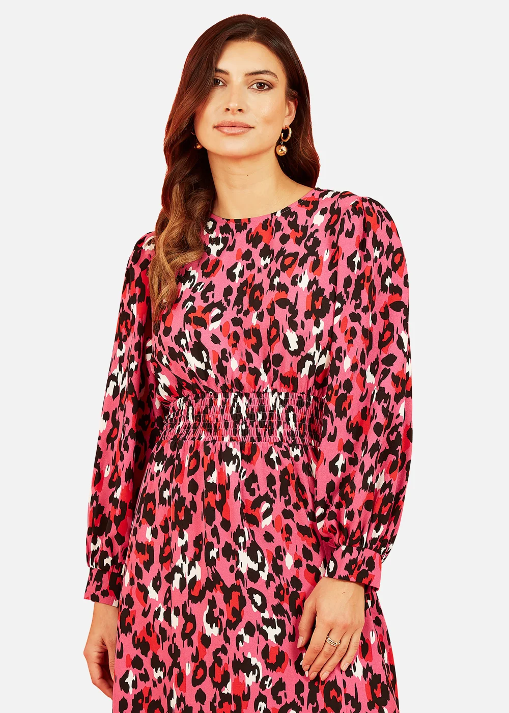 Mela Animal Print Long Sleeve Ruched Midi Dress In Pink - 14 Image 2