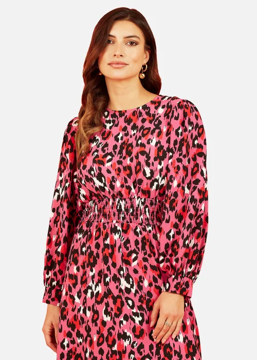 Mela Animal Print Long Sleeve Ruched Midi Dress In Pink - 14 Image 2