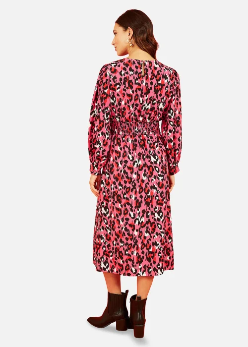 Mela Animal Print Long Sleeve Ruched Midi Dress In Pink - 14 Image 4