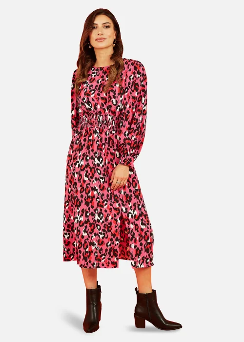 Mela Animal Print Long Sleeve Ruched Midi Dress In Pink - 14 Image 1