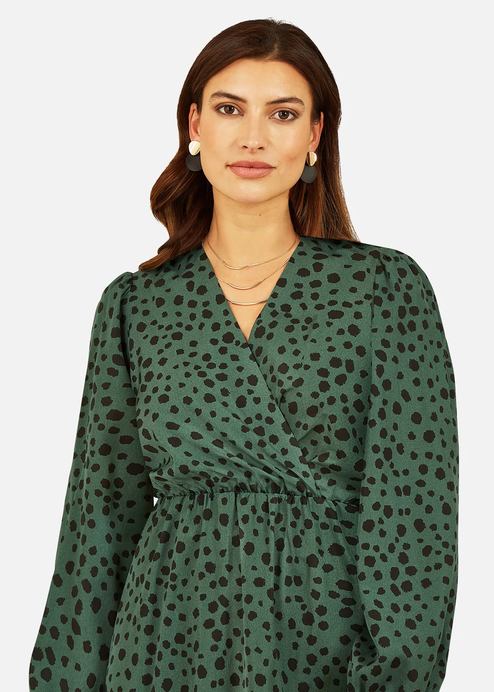 long sleeve dalmatian print dress Dalmatian Mini Dress with Plunging Draped Collar