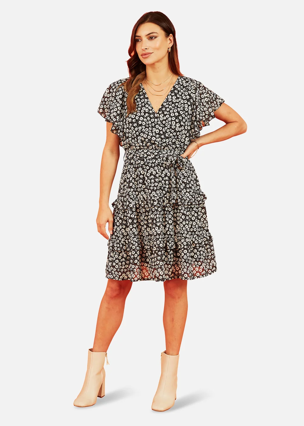 Mela Floral Wrap Skater Dress In Black - 8 Image 3