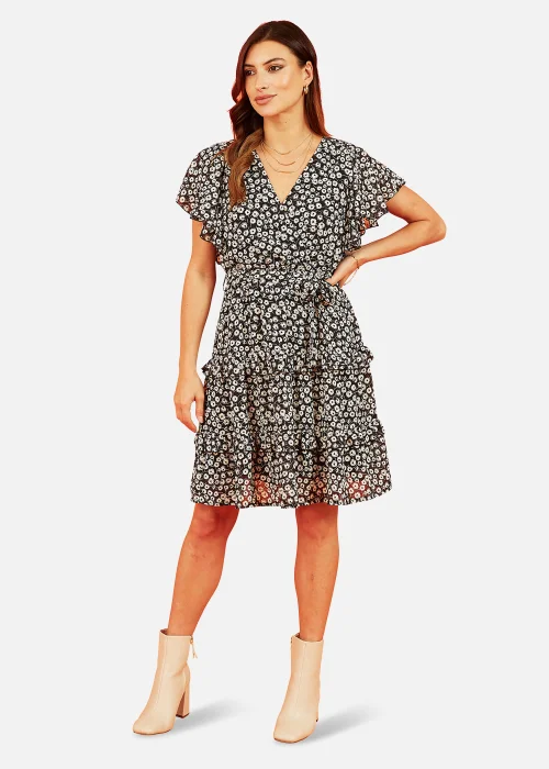 Mela Floral Wrap Skater Dress In Black - 8 Image 3
