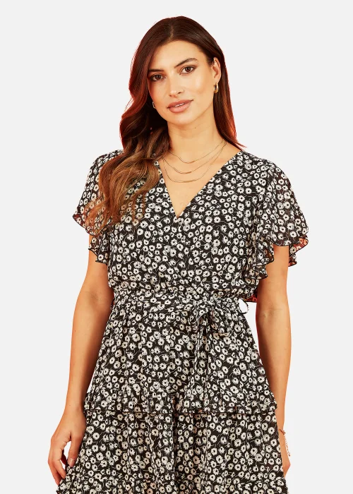 Mela Floral Wrap Skater Dress In Black - 8 Image 2