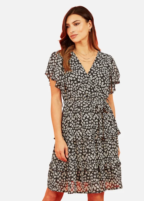 Mela Floral Wrap Skater Dress In Black - 8 Image 1