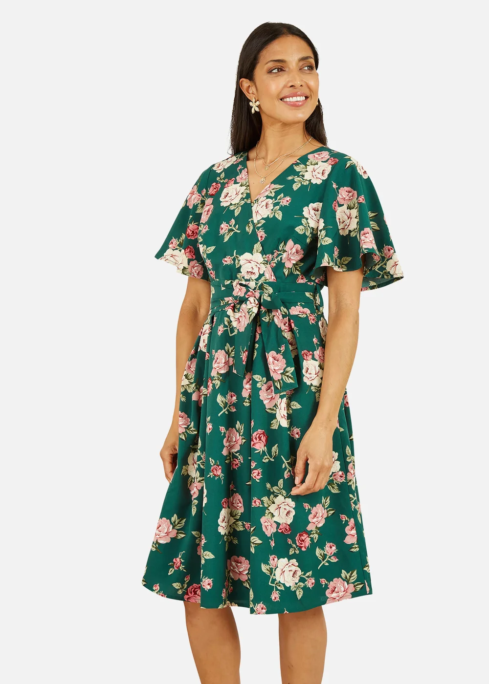 Mela Floral Wrap Dress With Angel Sleeve In Green - 8 Image 1