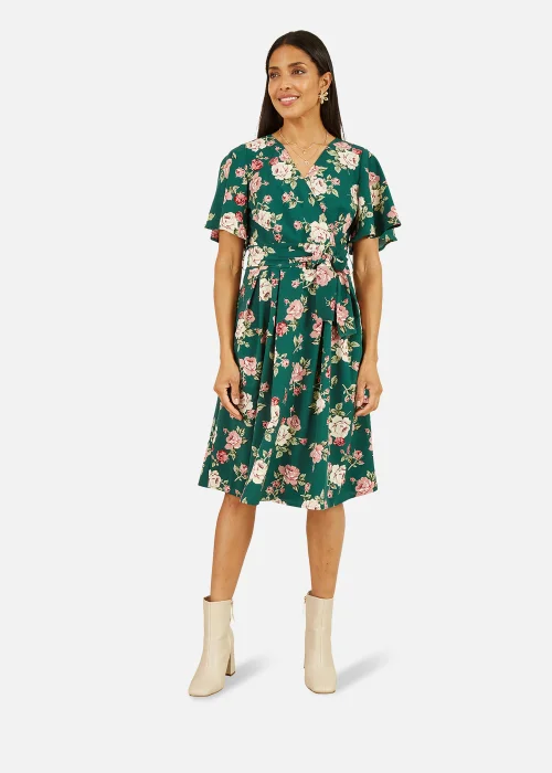 Mela Floral Wrap Dress With Angel Sleeve In Green - 8 Image 2