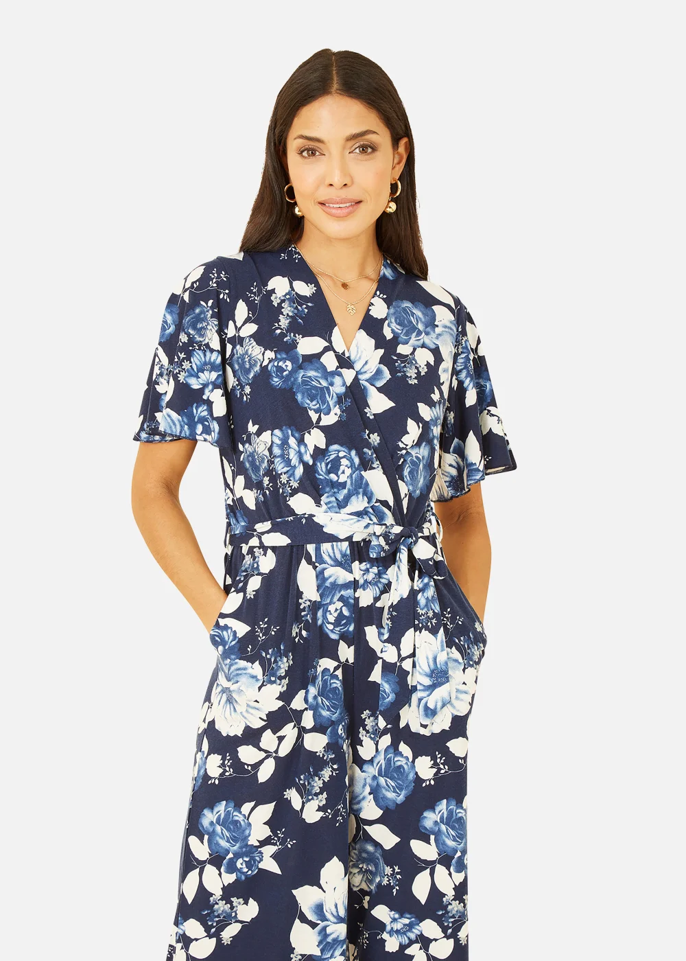 Mela Rose Print Jumpsuit With Angel Sleeves In Navy - Size 8 Image 2