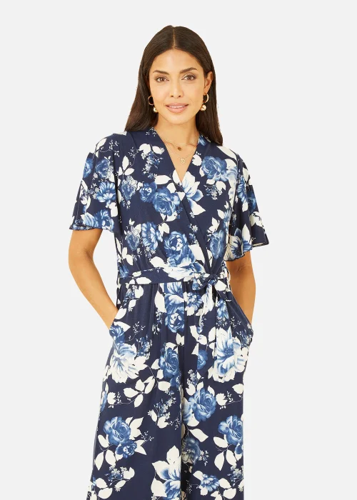 Mela Rose Print Jumpsuit With Angel Sleeves In Navy - Size 8 Image 2