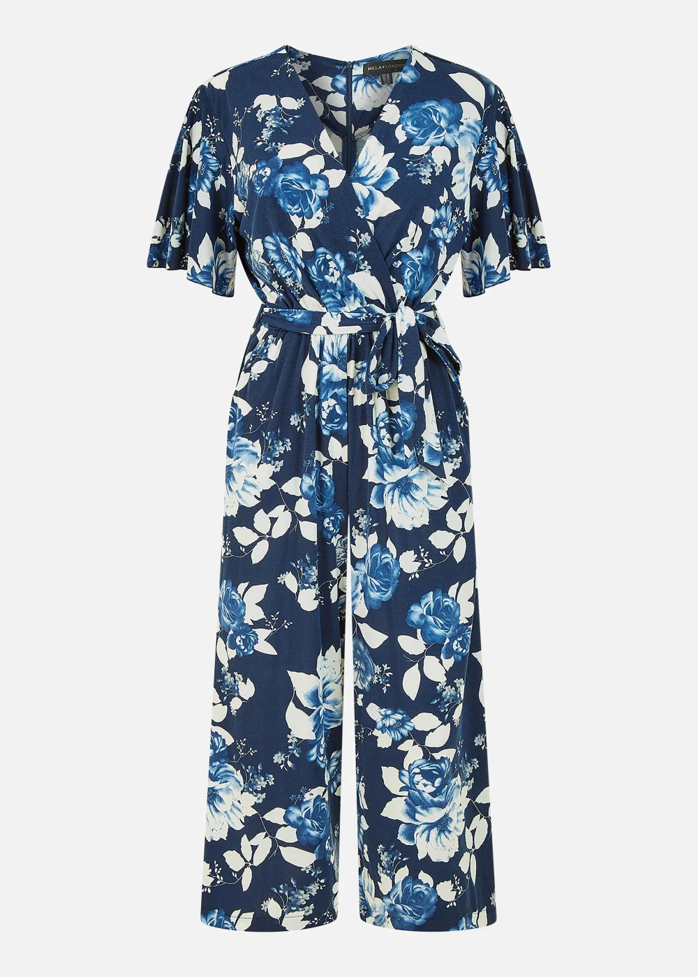 Mela Rose Print Jumpsuit With Angel Sleeves In Navy - Size 8 Image 4