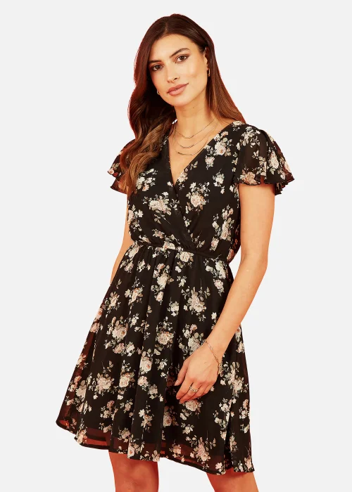 Mela Floral Print Wrap Over Skater Dress In Black - 8 Image 1