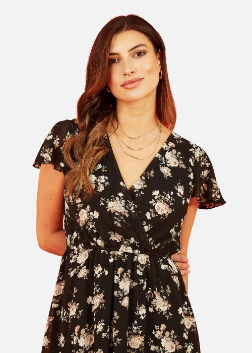 Mela Floral Print Wrap Over Skater Dress In Black - 8 Image 2