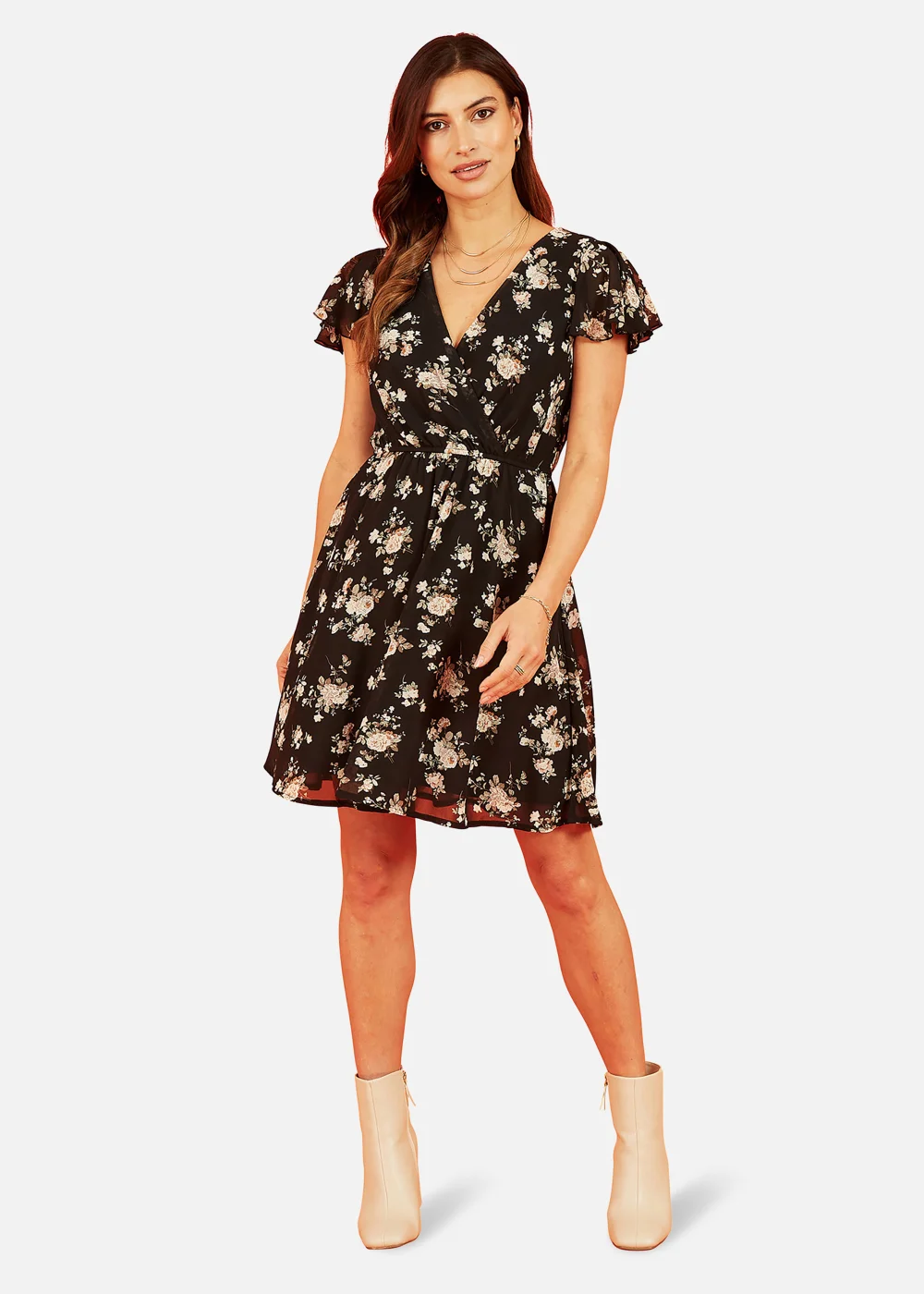 Mela Floral Print Wrap Over Skater Dress In Black - 8 Image 3