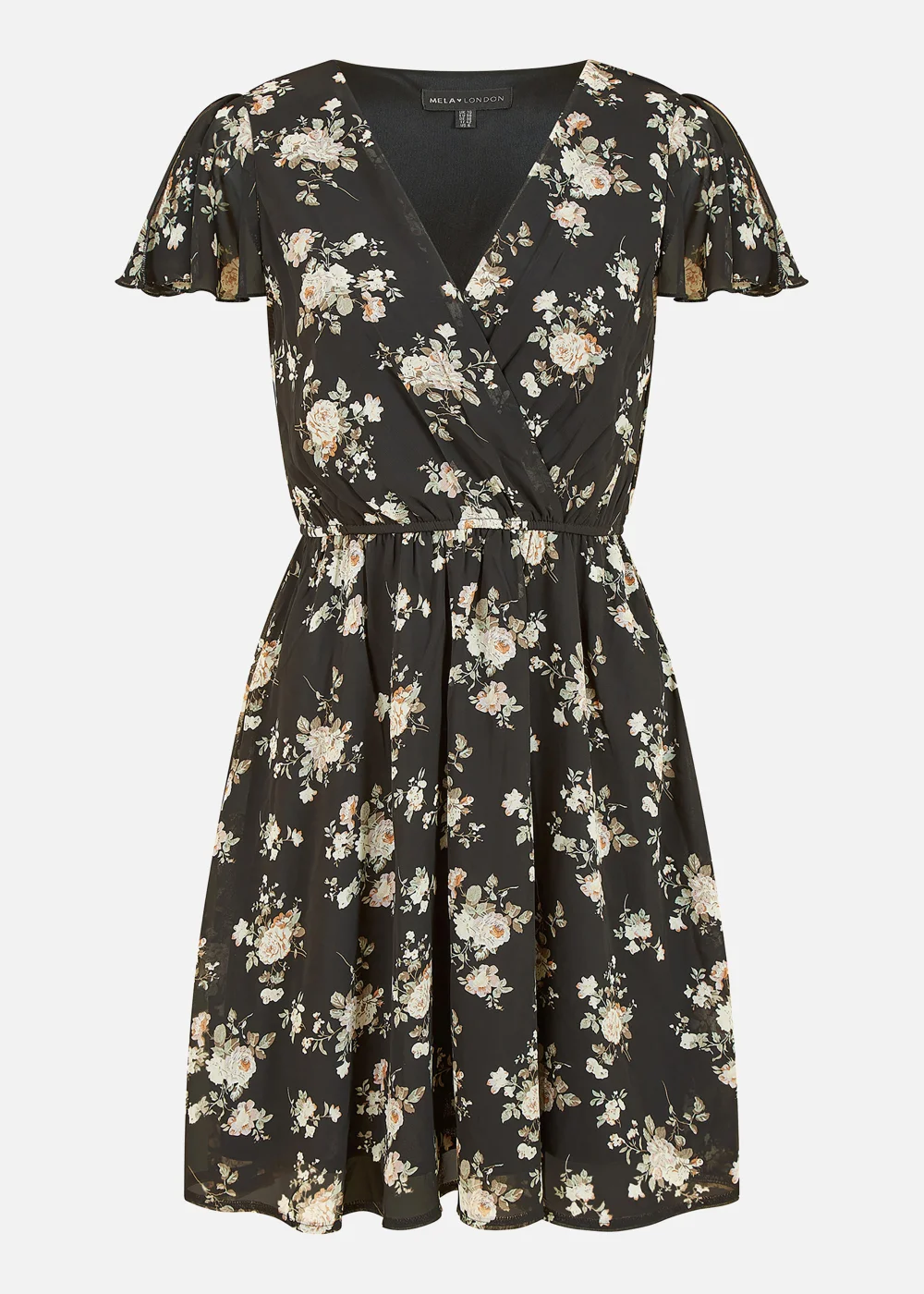 Mela Floral Print Wrap Over Skater Dress In Black - 8 Image 4