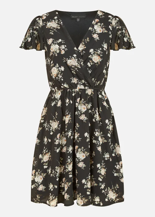 Mela Floral Print Wrap Over Skater Dress In Black - 8 Image 4