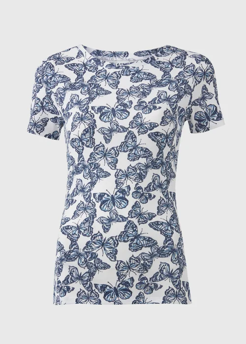 White & Navy Butterfly Print Short Sleeve Top - 8 Image 5