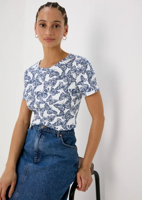 White & Navy Butterfly Print Short Sleeve Top - 8 Image 1