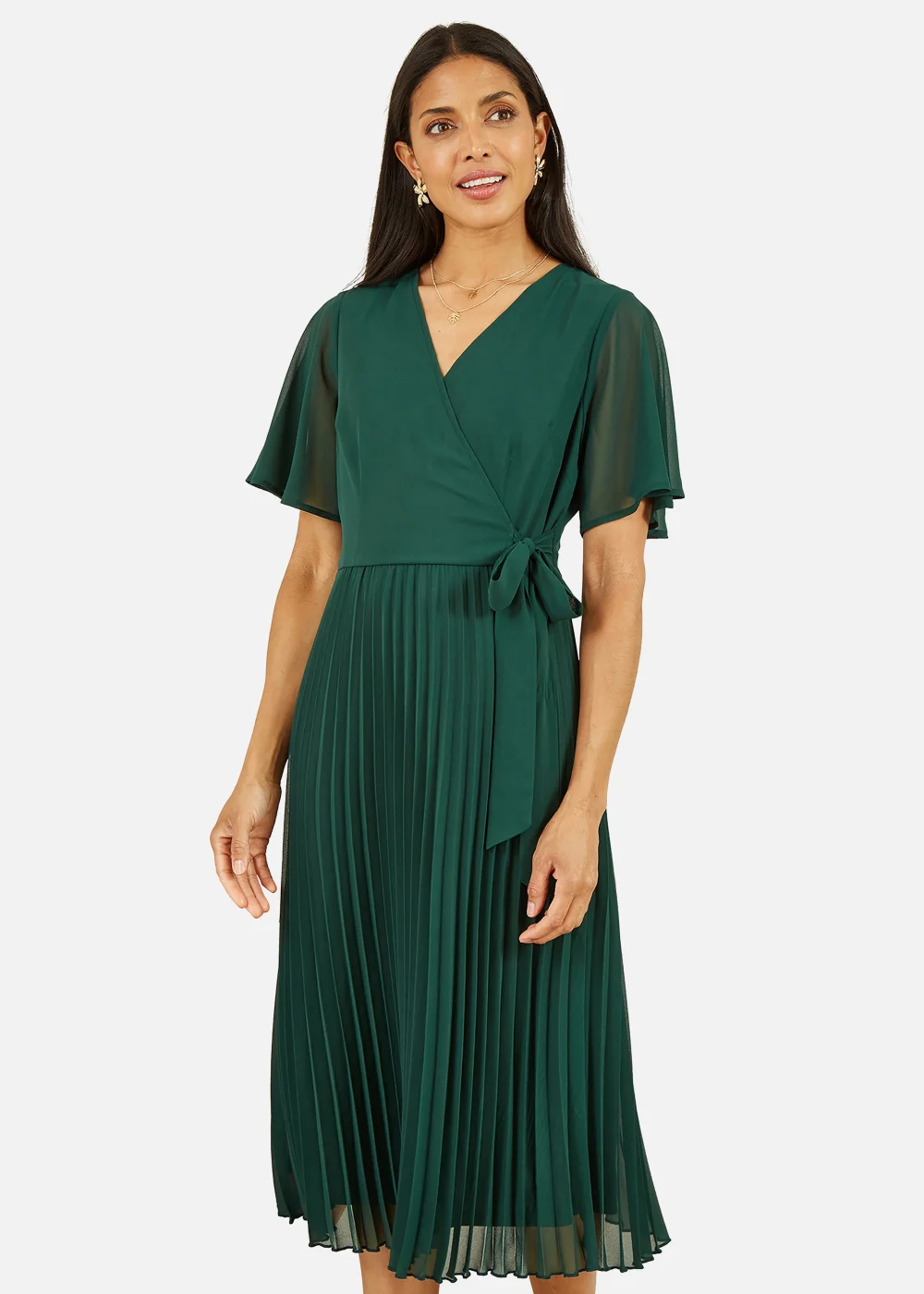Yumi Pleated Wrap Over Midi Dress In Green - 8 Image 1
