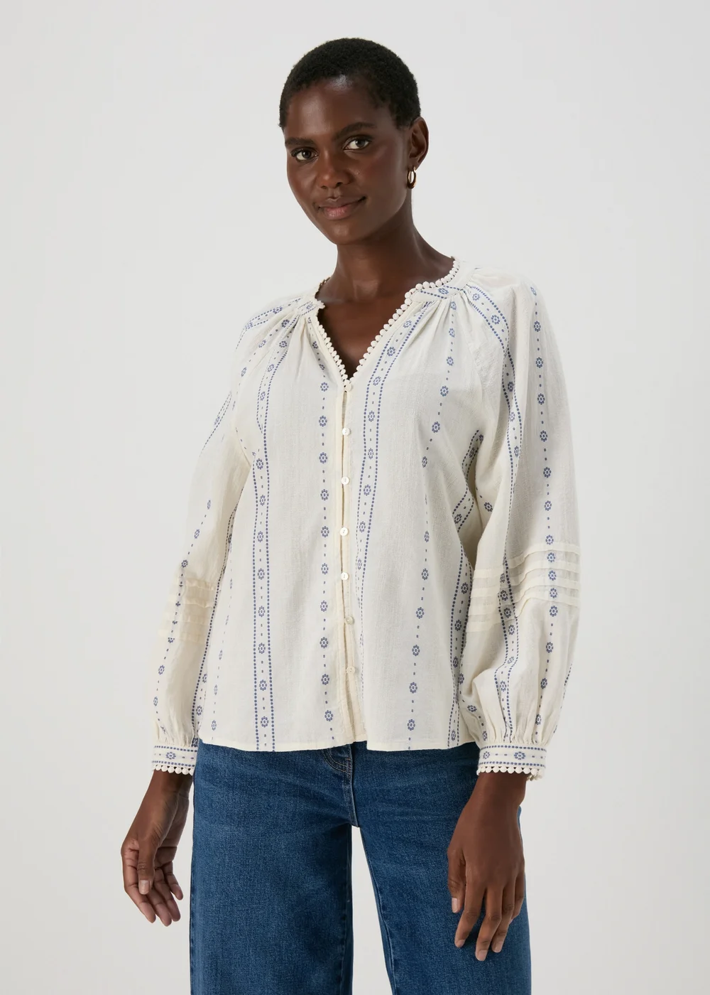 Cream Dobby Embroidered Blouse Top - 8 Image 1