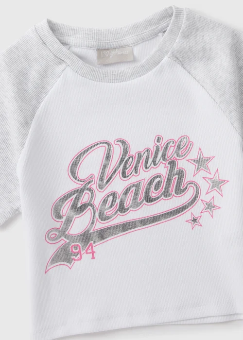 Girls White Venice Beach Grey Ringer T-Shirt (7-15yrs) - Age 7 Years Image 2