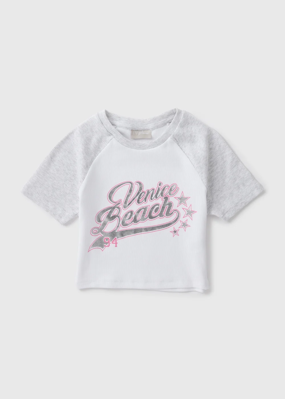 Girls White Venice Beach Grey Ringer T-Shirt (7-15yrs) - Age 7 Years Image 1
