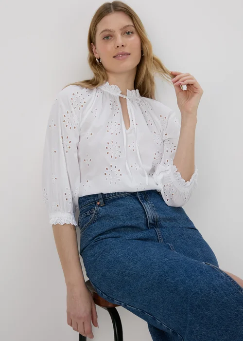 White Broid Peasent Blouse Top - 8 Image 1