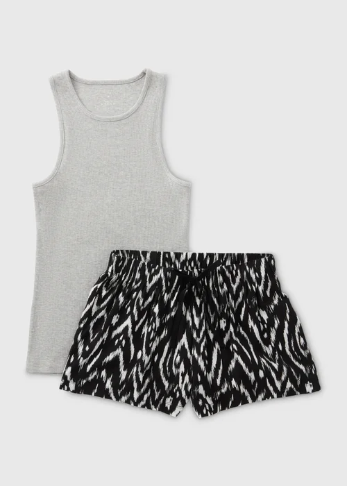 Grey Pyjama Top & Printed Shorts Set - Small Image 4