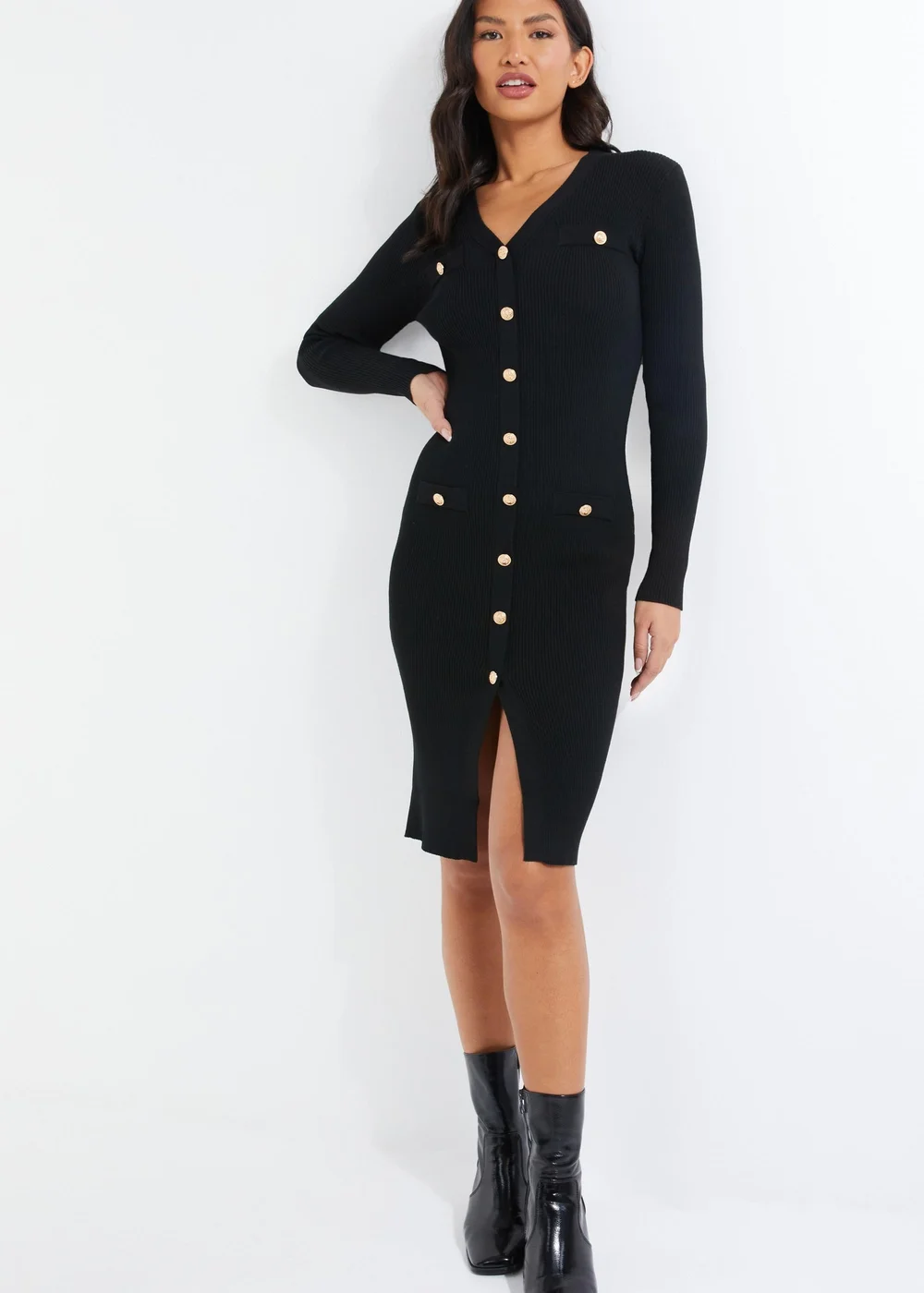 Quiz Black Knitted Button Midi Dress - S | Matalan Quiz Black Knitted Button Midi Dress - S | Matalan