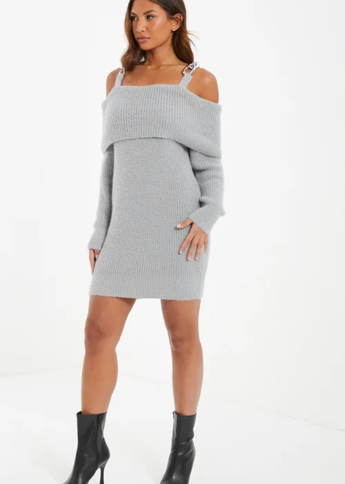 Quiz Grey Knitted Cold Shoulder Jumper Dress - S Image 3