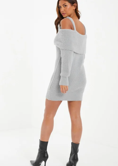 Quiz Grey Knitted Cold Shoulder Jumper Dress - S Image 2
