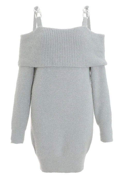 Quiz Grey Knitted Cold Shoulder Jumper Dress - S Image 4