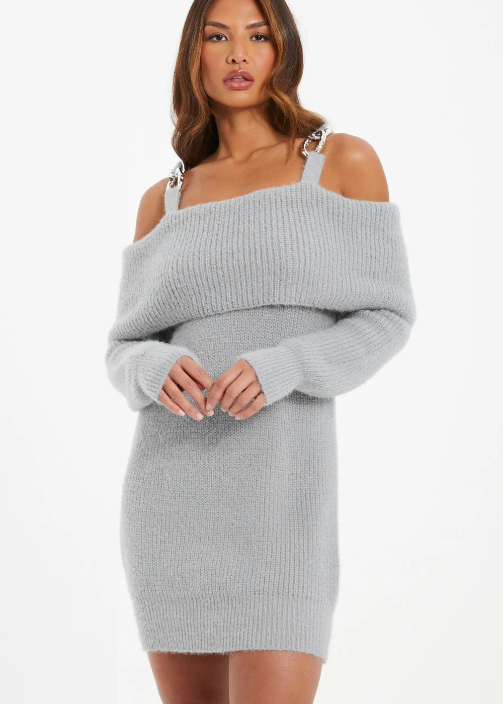 Quiz Grey Knitted Cold Shoulder Jumper Dress - S Image 1