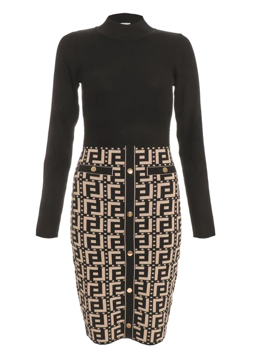 Quiz Black Geometric Print Knitted Jumper Dress - S Image 4