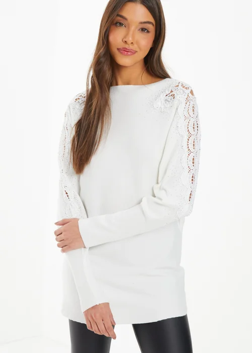 Quiz Cream Light Knit Embellished Jumper - S Image 1