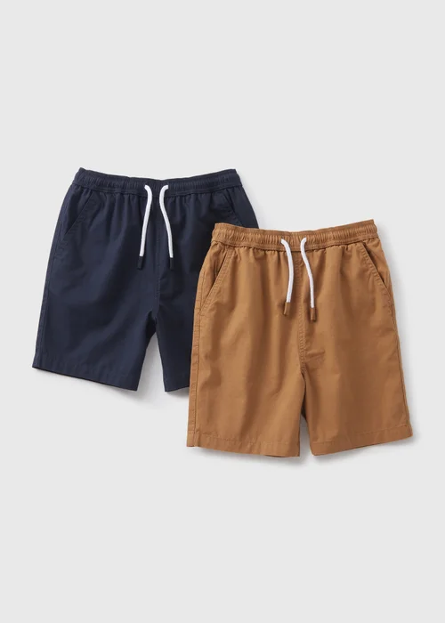 Boys 2 Pack Navy & Tan Woven Shorts (7-13yrs) - Age 7 Years Image 1