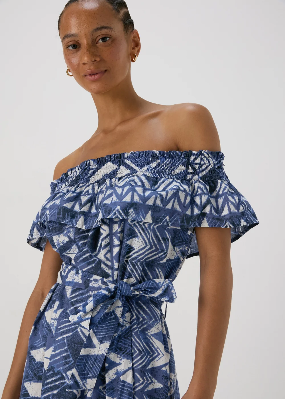 Blue Aztec Print Bardot Midi Cotton Dress - 8 Image 3