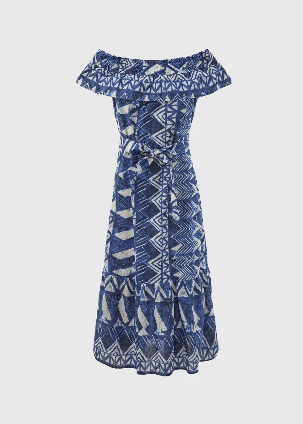 Blue Aztec Print Bardot Midi Cotton Dress - 8 Image 5