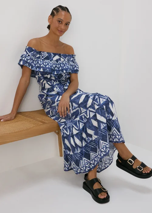 Blue Aztec Print Bardot Midi Cotton Dress - 8 Image 4
